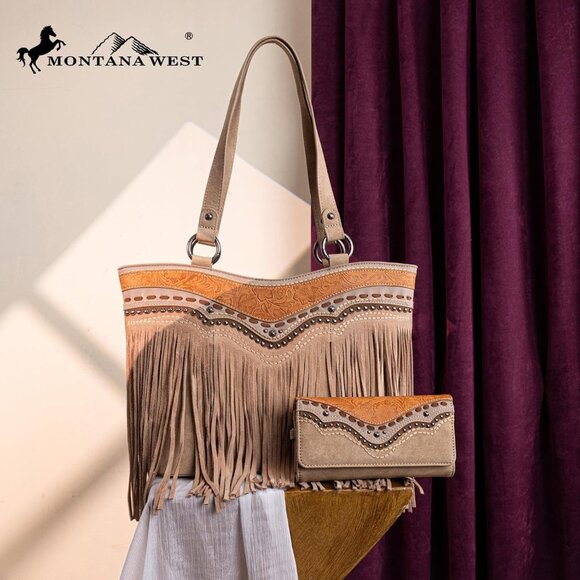 Elegant Tan Vegan Leather Western Tote Bag & Wallet Set with Fringe Detail - Picture 2 of 6